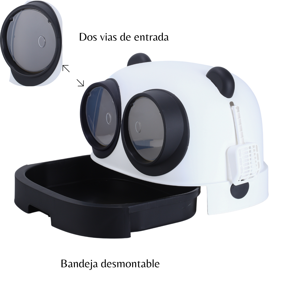 Arenero Para Gatos Cerrado Estilo Panda| Caja de arena para gatos estilo Castillo totalmente cerrada de gran tamaño, baño para gatos especial para limpieza y a prueba de salpicaduras, caja de arena para gatos de doble canal grande, brinda a tu gato un baño seguro y cómodo, puede ser utilizado en interiores y exteriores, para viajes| DUKE´S| ESFLO| Facil de Limpiar|Diseño Cerrado, Cajón Inferior Fácil de Limpiar, Alfombrilla Antirastros, Espaciosa y Duradera Contra el Olor para Gatos, Blanco y Negro,