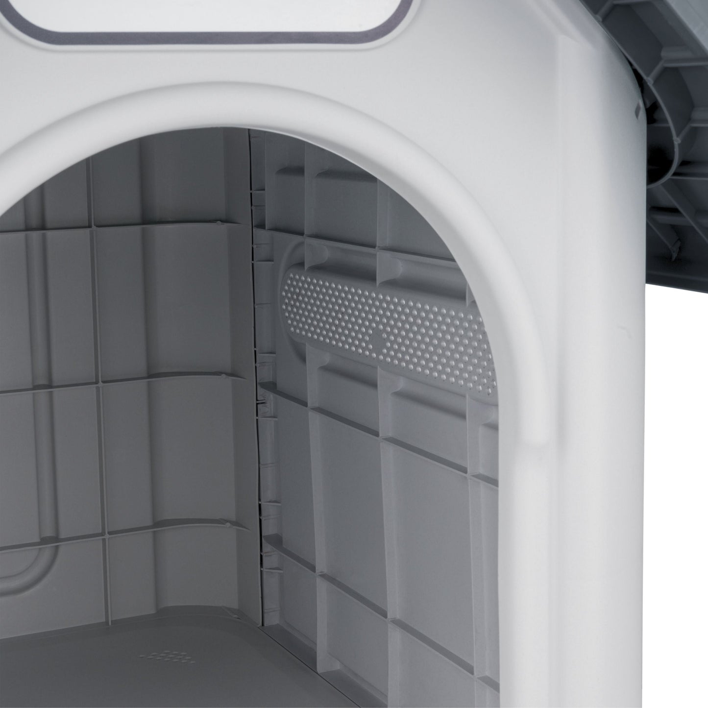 Casa de plástico para perros Medianos-Grandes de hasta- Duradera, caseta para exteriores de todas las estaciones, resistente al viento y al sol, fácil de limpiar y rápida de armar para uso en patio trasero, patio y jardín| a Prueba de Viento para Razas de Tamaño Mediano, Techo Azul y Ventanas de Ventilación Incluidas, Casa para Perros Exterior Impermeable| DUKE´S| ESFLO Perro Chico/ Mediano | Ventana| Ventilación