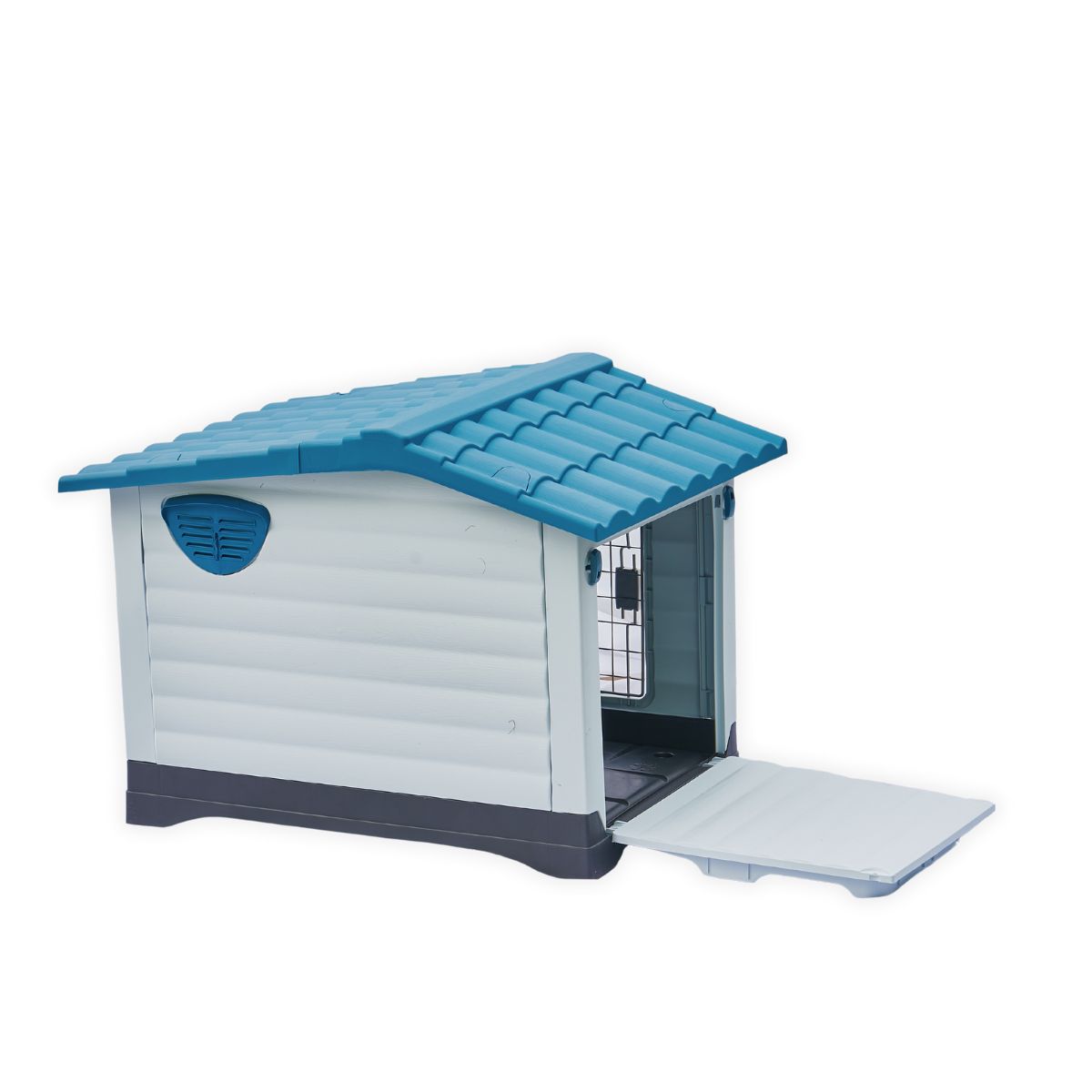 Casa de plástico para perros Medianos-Grandes de hasta- Duradera, caseta para exteriores de todas las estaciones, resistente al viento y al sol, fácil de limpiar y rápida de armar para uso en patio trasero, patio y jardín| a Prueba de Viento para Razas de Tamaño Mediano, Techo Azul y Ventanas de Ventilación Incluidas, Casa para Perros Exterior Impermeable| DUKE´S| ESFLO Perro Chico/ Mediano | Ventana| Ventilación