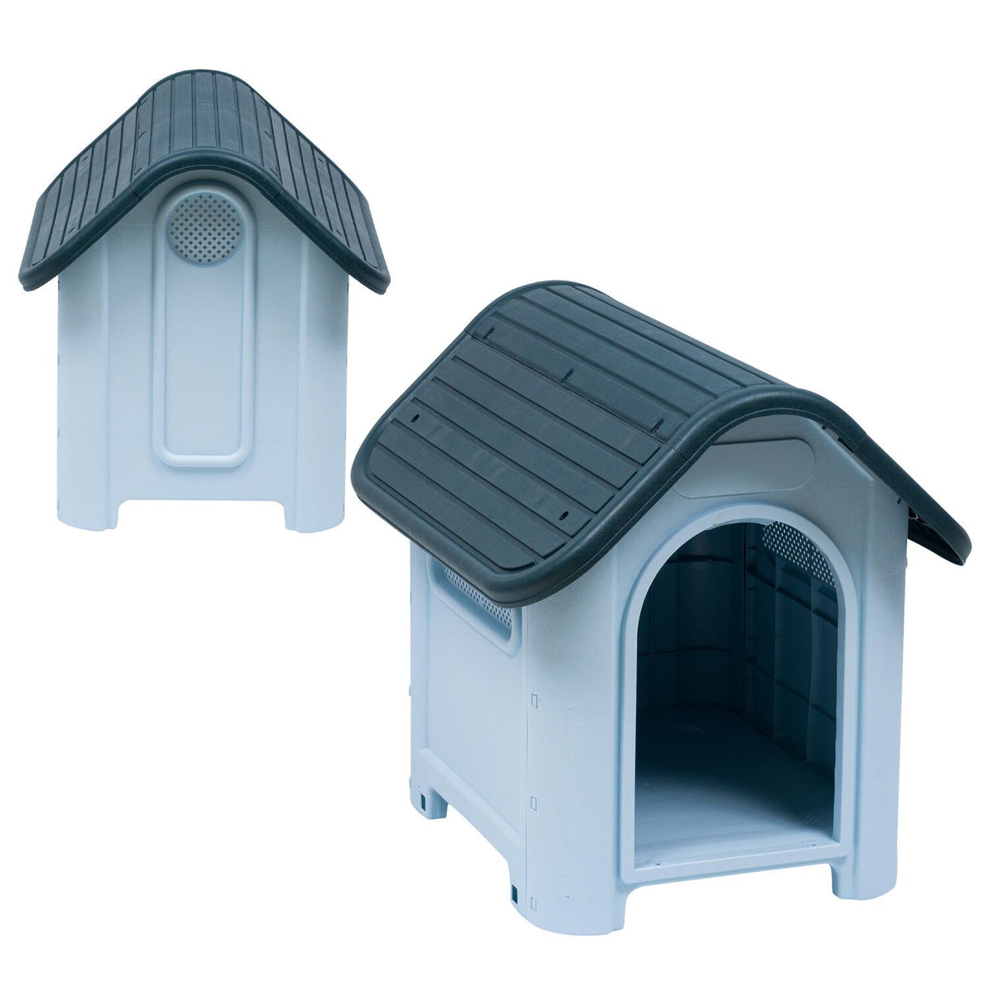 Casa de plástico para perros Medianos-Grandes de hasta- Duradera, caseta para exteriores de todas las estaciones, resistente al viento y al sol, fácil de limpiar y rápida de armar para uso en patio trasero, patio y jardín| a Prueba de Viento para Razas de Tamaño Mediano, Techo Azul y Ventanas de Ventilación Incluidas, Casa para Perros Exterior Impermeable| DUKE´S| ESFLO Perro Chico/ Mediano | Ventana| Ventilación