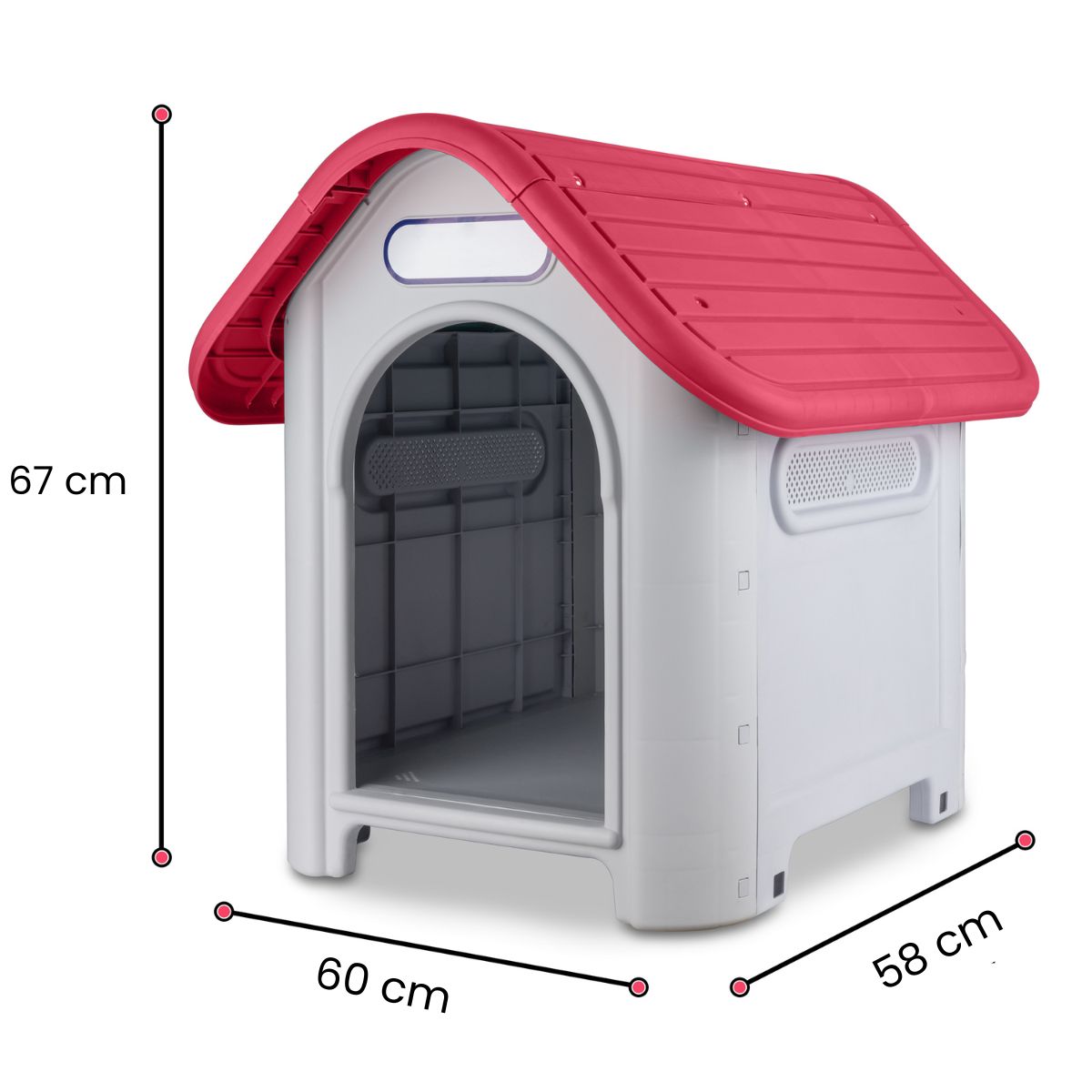 Casa de plástico para perros Medianos-Grandes de hasta- Duradera, caseta para exteriores de todas las estaciones, resistente al viento y al sol, fácil de limpiar y rápida de armar para uso en patio trasero, patio y jardín| a Prueba de Viento para Razas de Tamaño Mediano, Techo Azul y Ventanas de Ventilación Incluidas, Casa para Perros Exterior Impermeable| DUKE´S| ESFLO Perro Chico/ Mediano | Ventana| Ventilación