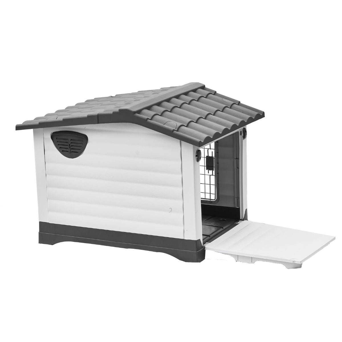 Casa de plástico para perros Medianos-Grandes de hasta- Duradera, caseta para exteriores de todas las estaciones, resistente al viento y al sol, fácil de limpiar y rápida de armar para uso en patio trasero, patio y jardín| a Prueba de Viento para Razas de Tamaño Mediano, Techo Azul y Ventanas de Ventilación Incluidas, Casa para Perros Exterior Impermeable| DUKE´S| ESFLO Perro Chico/ Mediano | Ventana| Ventilación