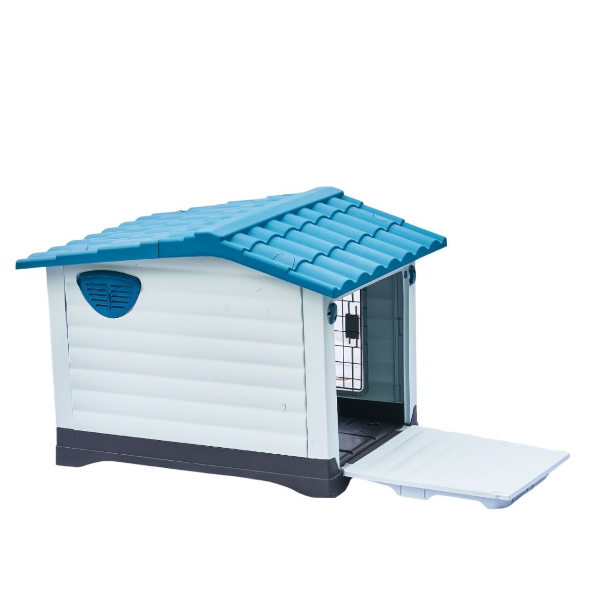 Casa de plástico para perros Medianos-Grandes de hasta- Duradera, caseta para exteriores de todas las estaciones, resistente al viento y al sol, fácil de limpiar y rápida de armar para uso en patio trasero, patio y jardín| a Prueba de Viento para Razas de Tamaño Mediano, Techo Azul y Ventanas de Ventilación Incluidas, Casa para Perros Exterior Impermeable| DUKE´S| ESFLO Perro Chico/ Mediano | Ventana| Ventilación