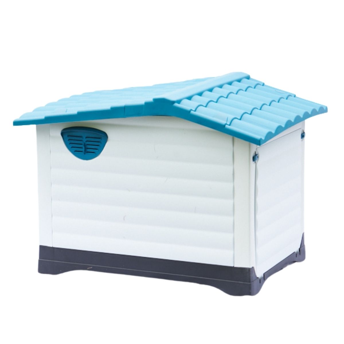 Casa de plástico para perros Grande de hasta- Duradera, caseta para exteriores de todas las estaciones, resistente al viento y al sol, fácil de limpiar y rápida de armar para uso en patio trasero, patio y jardín| a Prueba de Viento para Razas de Tamaño Mediano, Techo Azul y Ventanas de Ventilación Incluidas, Casa para Perros Exterior Impermeable| DUKE´S| ESFLO Perro Chico/ Mediano | Ventana| Ventilación