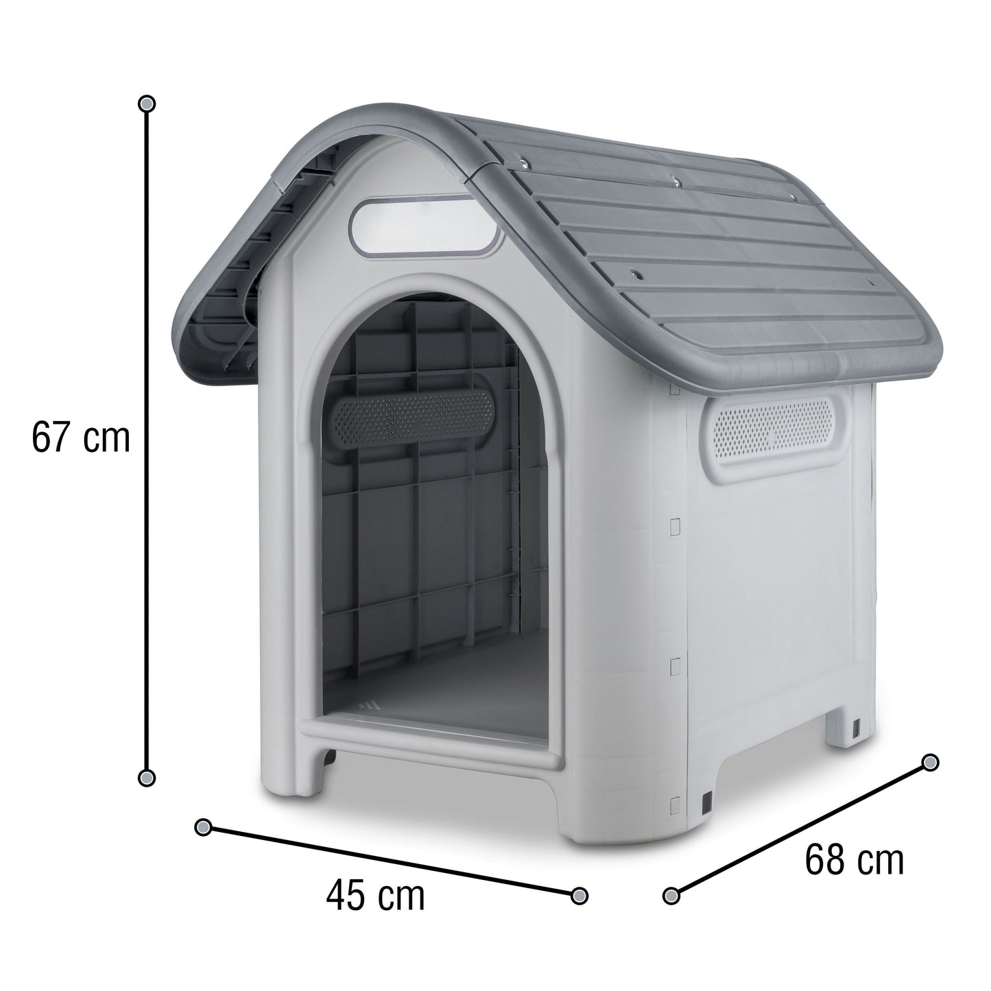 Casa de plástico para perros Medianos-Grandes de hasta- Duradera, caseta para exteriores de todas las estaciones, resistente al viento y al sol, fácil de limpiar y rápida de armar para uso en patio trasero, patio y jardín| a Prueba de Viento para Razas de Tamaño Mediano, Techo Azul y Ventanas de Ventilación Incluidas, Casa para Perros Exterior Impermeable| DUKE´S| ESFLO Perro Chico/ Mediano | Ventana| Ventilación