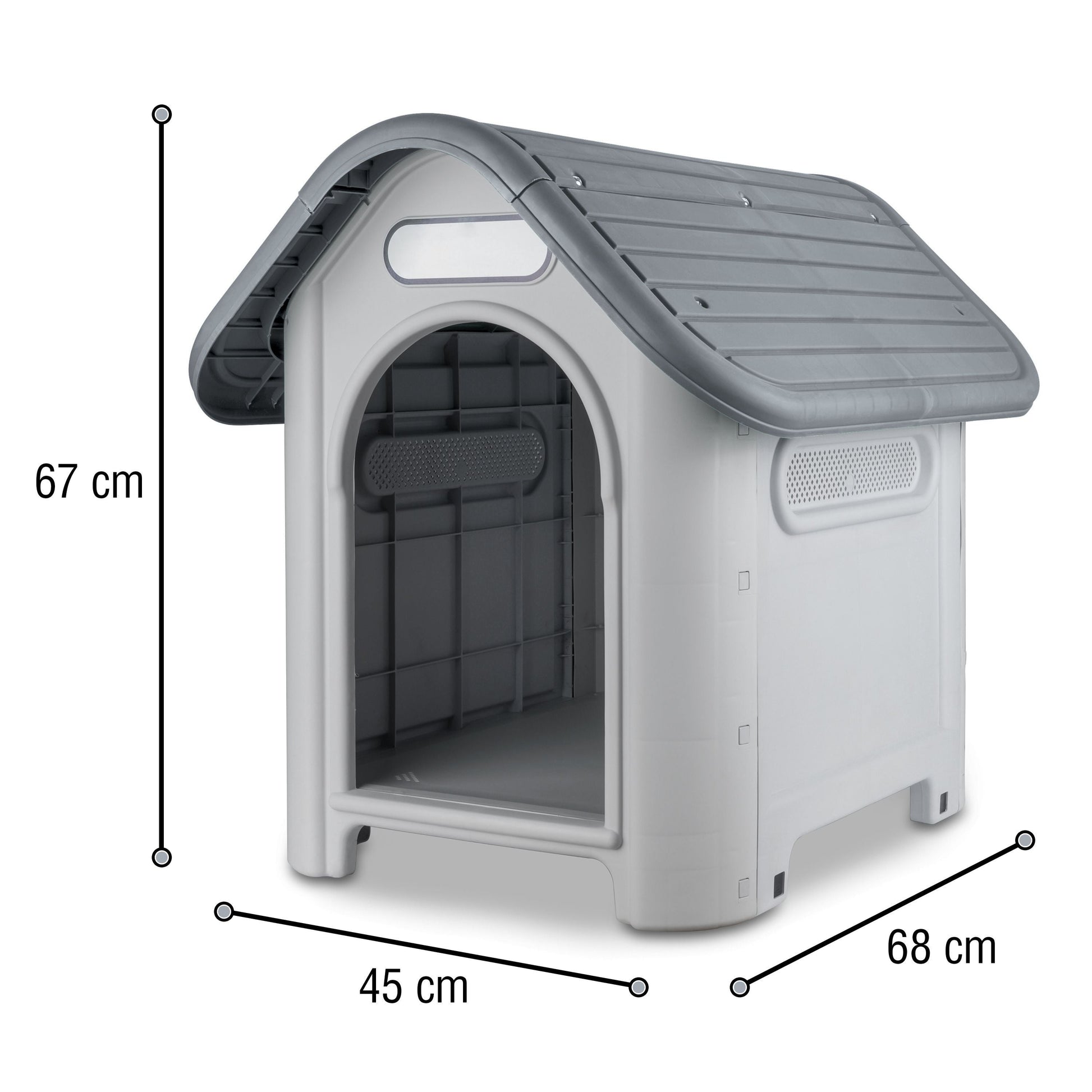 Casa de plástico para perros Medianos-Grandes de hasta- Duradera, caseta para exteriores de todas las estaciones, resistente al viento y al sol, fácil de limpiar y rápida de armar para uso en patio trasero, patio y jardín| a Prueba de Viento para Razas de Tamaño Mediano, Techo Azul y Ventanas de Ventilación Incluidas, Casa para Perros Exterior Impermeable| DUKE´S| ESFLO Perro Chico/ Mediano | Ventana| Ventilación
