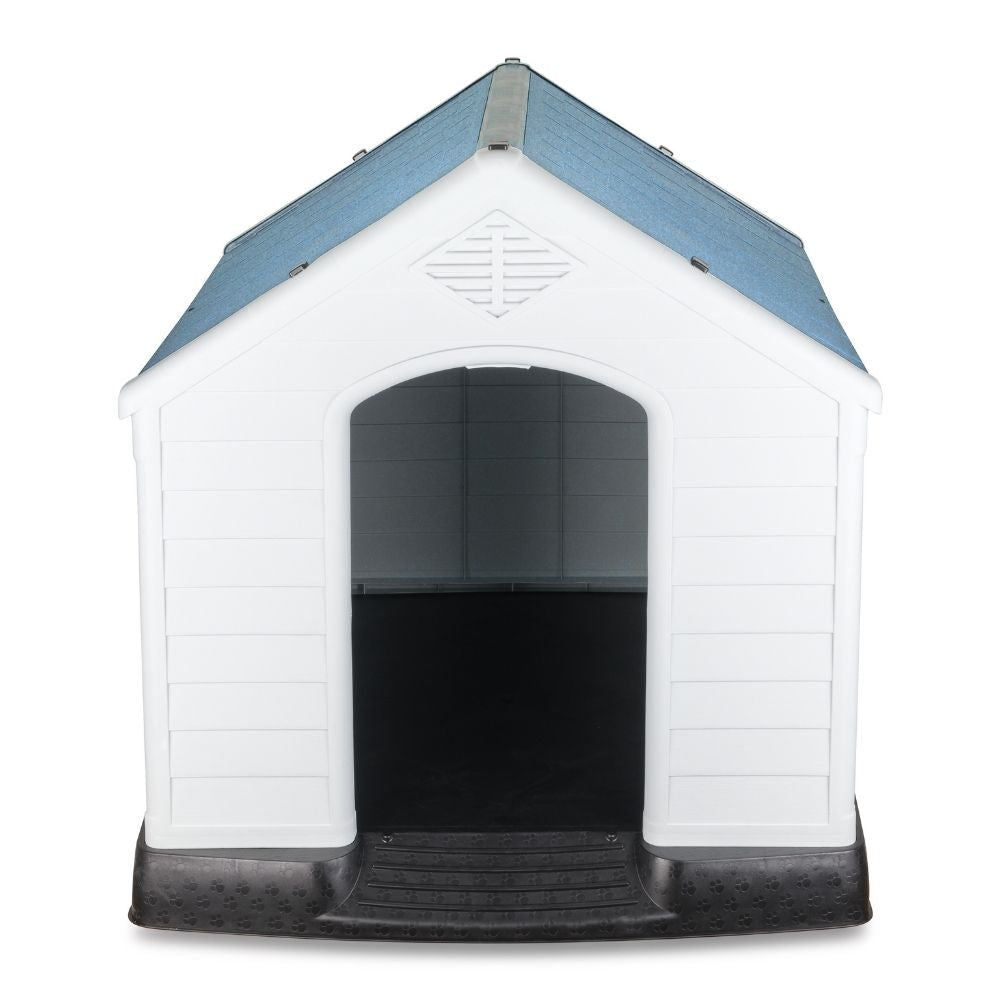 Casa de plástico para perros Grande de hasta- Duradera, caseta para exteriores de todas las estaciones, resistente al viento y al sol, fácil de limpiar y rápida de armar para uso en patio trasero, patio y jardín| a Prueba de Viento para Razas de Tamaño Mediano, Techo Azul y Ventanas de Ventilación Incluidas, Casa para Perros Exterior Impermeable| DUKE´S| ESFLO Perro Chico/ Mediano | Ventana| Ventilación