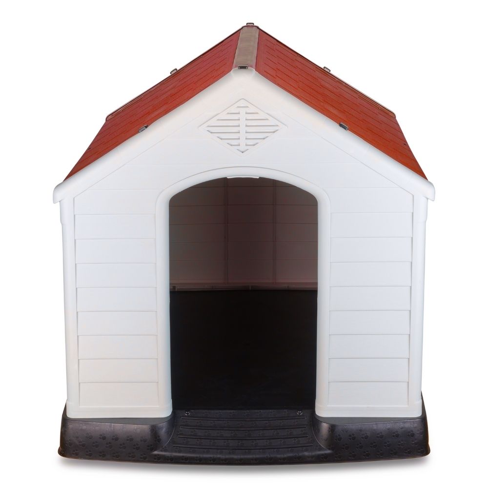 Casa de plástico para perros Grande de hasta- Duradera, caseta para exteriores de todas las estaciones, resistente al viento y al sol, fácil de limpiar y rápida de armar para uso en patio trasero, patio y jardín| a Prueba de Viento para Razas de Tamaño Mediano, Techo Azul y Ventanas de Ventilación Incluidas, Casa para Perros Exterior Impermeable| DUKE´S| ESFLO Perro Chico/ Mediano | Ventana| Ventilación
