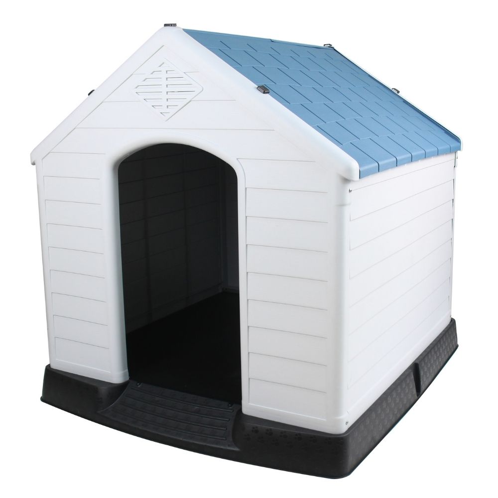 Casa de plástico para perros Grande de hasta- Duradera, caseta para exteriores de todas las estaciones, resistente al viento y al sol, fácil de limpiar y rápida de armar para uso en patio trasero, patio y jardín| a Prueba de Viento para Razas de Tamaño Mediano, Techo Azul y Ventanas de Ventilación Incluidas, Casa para Perros Exterior Impermeable| DUKE´S| ESFLO Perro Chico/ Mediano | Ventana| Ventilación