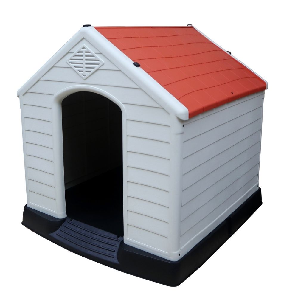 Casa de plástico para perros Grande de hasta- Duradera, caseta para exteriores de todas las estaciones, resistente al viento y al sol, fácil de limpiar y rápida de armar para uso en patio trasero, patio y jardín| a Prueba de Viento para Razas de Tamaño Mediano, Techo Azul y Ventanas de Ventilación Incluidas, Casa para Perros Exterior Impermeable| DUKE´S| ESFLO Perro Chico/ Mediano | Ventana| Ventilación
