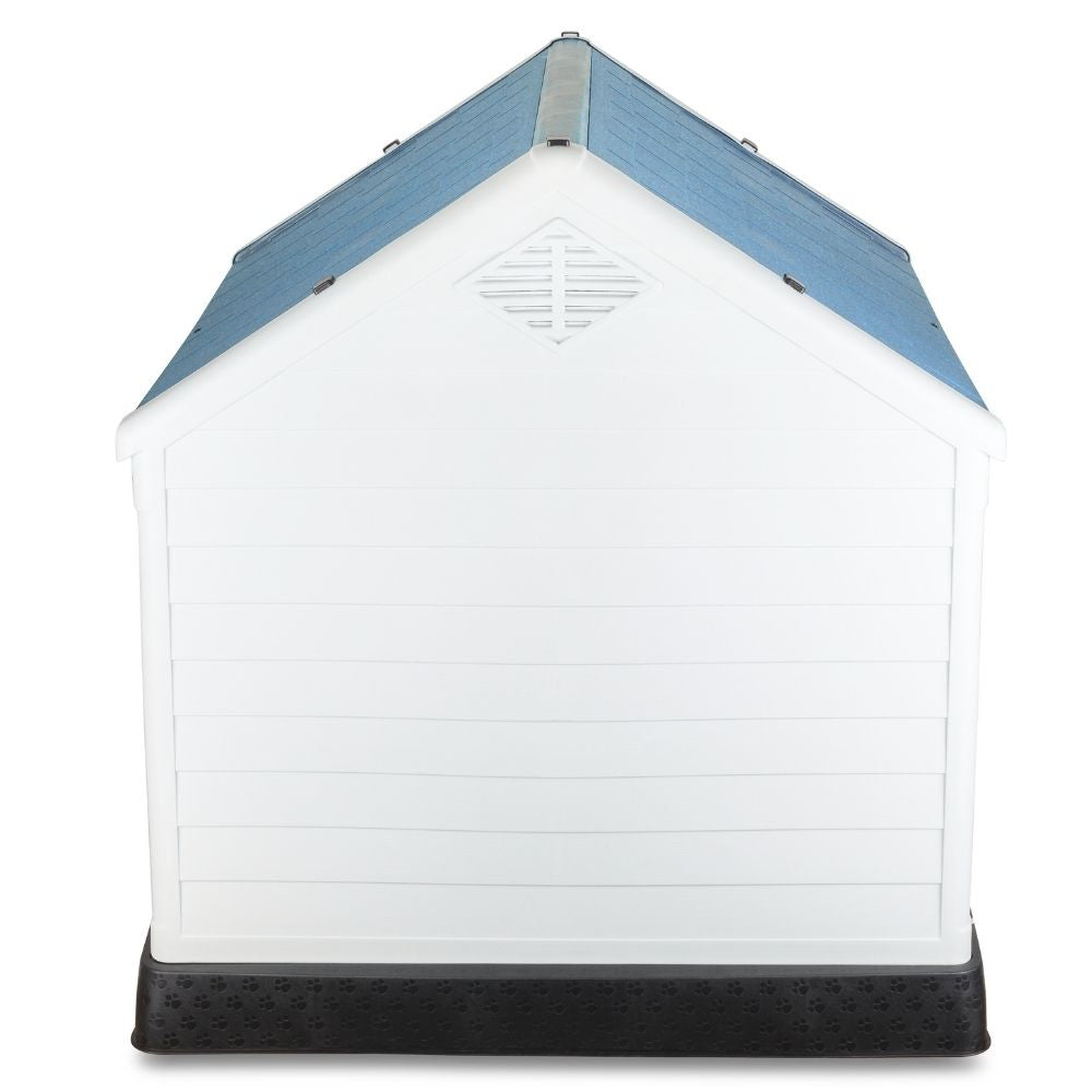 Casa de plástico para perros Grande de hasta- Duradera, caseta para exteriores de todas las estaciones, resistente al viento y al sol, fácil de limpiar y rápida de armar para uso en patio trasero, patio y jardín| a Prueba de Viento para Razas de Tamaño Mediano, Techo Azul y Ventanas de Ventilación Incluidas, Casa para Perros Exterior Impermeable| DUKE´S| ESFLO Perro Chico/ Mediano | Ventana| Ventilación