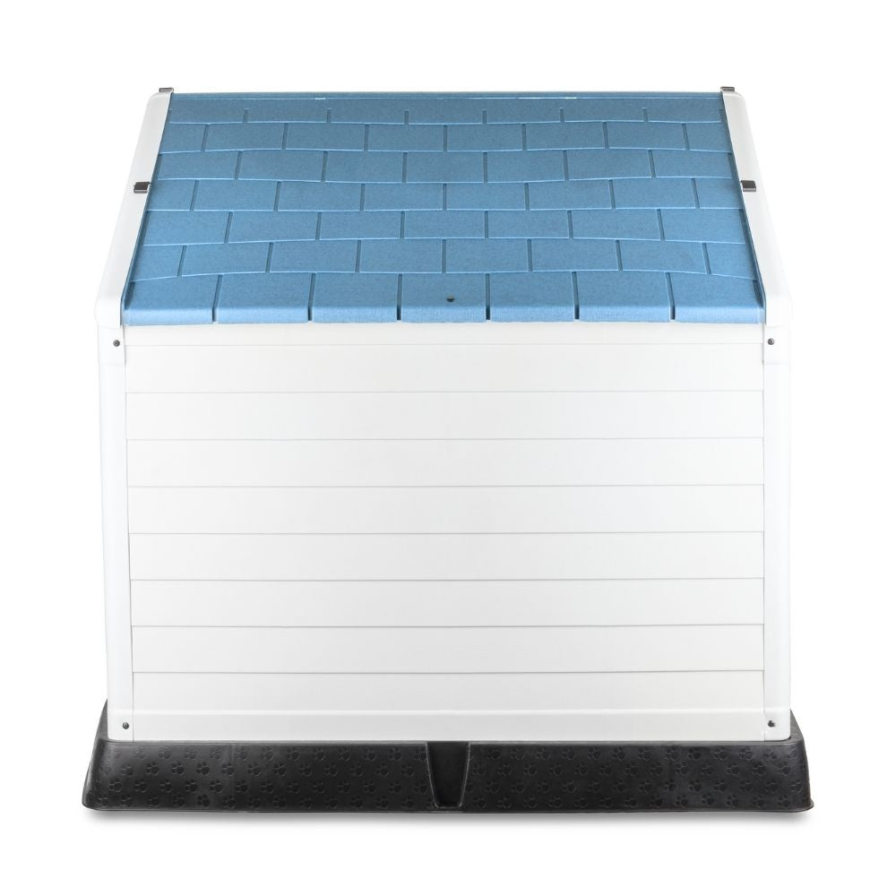 Casa de plástico para perros Grande de hasta- Duradera, caseta para exteriores de todas las estaciones, resistente al viento y al sol, fácil de limpiar y rápida de armar para uso en patio trasero, patio y jardín| a Prueba de Viento para Razas de Tamaño Mediano, Techo Azul y Ventanas de Ventilación Incluidas, Casa para Perros Exterior Impermeable| DUKE´S| ESFLO Perro Chico/ Mediano | Ventana| Ventilación