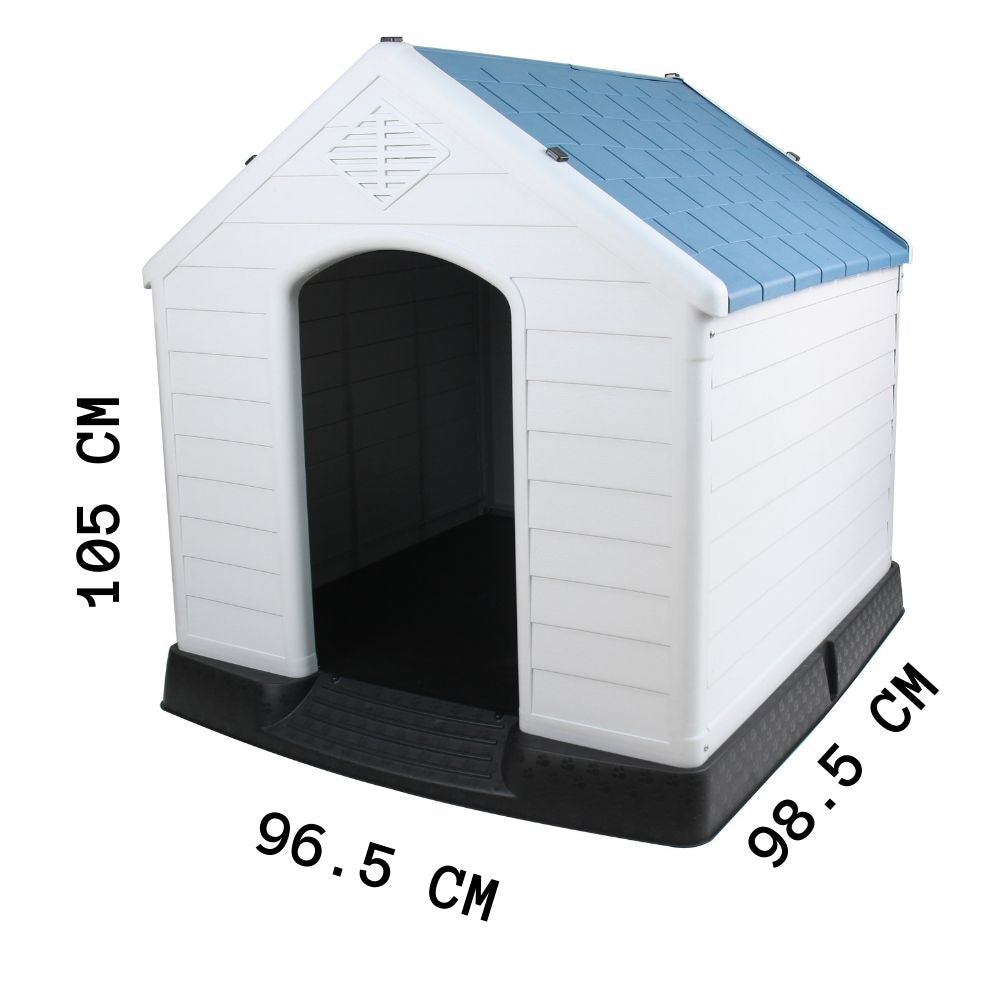 Casa de plástico para perros Grande de hasta- Duradera, caseta para exteriores de todas las estaciones, resistente al viento y al sol, fácil de limpiar y rápida de armar para uso en patio trasero, patio y jardín| a Prueba de Viento para Razas de Tamaño Mediano, Techo Azul y Ventanas de Ventilación Incluidas, Casa para Perros Exterior Impermeable| DUKE´S| ESFLO Perro Chico/ Mediano | Ventana| Ventilación