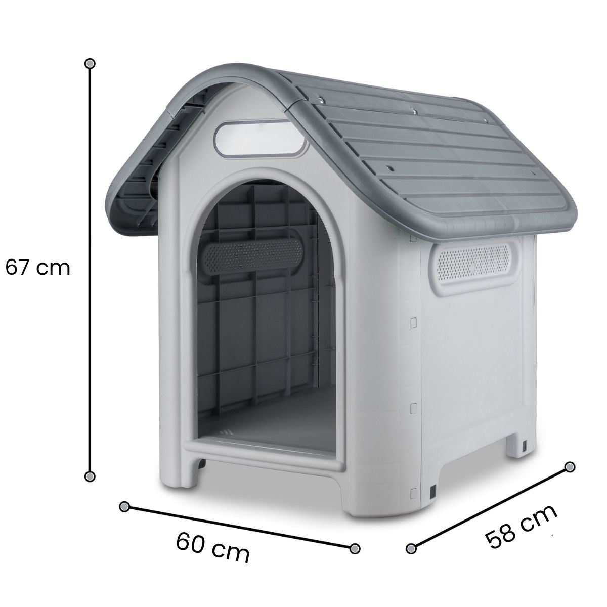 Casa de plástico para perros Medianos-Grandes de hasta- Duradera, caseta para exteriores de todas las estaciones, resistente al viento y al sol, fácil de limpiar y rápida de armar para uso en patio trasero, patio y jardín| a Prueba de Viento para Razas de Tamaño Mediano, Techo Azul y Ventanas de Ventilación Incluidas, Casa para Perros Exterior Impermeable| DUKE´S| ESFLO Perro Chico/ Mediano | Ventana| Ventilación