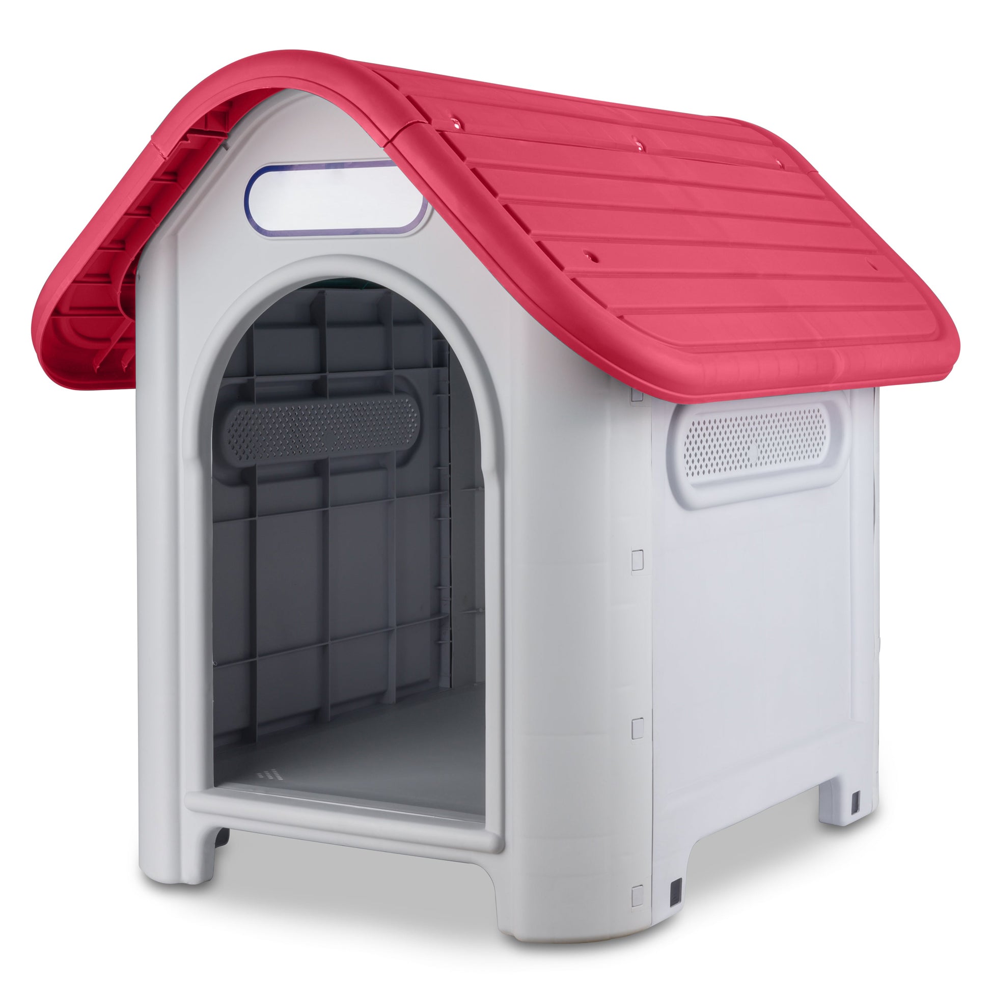 Casa de plástico para perros Medianos-Grandes de hasta- Duradera, caseta para exteriores de todas las estaciones, resistente al viento y al sol, fácil de limpiar y rápida de armar para uso en patio trasero, patio y jardín| a Prueba de Viento para Razas de Tamaño Mediano, Techo Azul y Ventanas de Ventilación Incluidas, Casa para Perros Exterior Impermeable| DUKE´S| ESFLO Perro Chico/ Mediano | Ventana| Ventilación