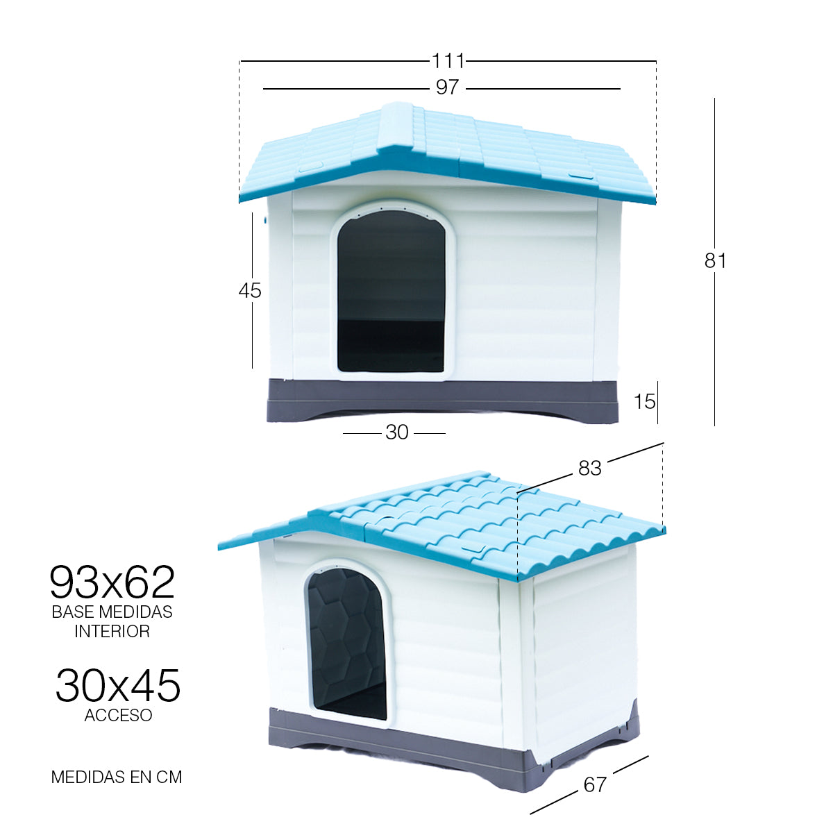 Casa de plástico para perros Medianos-Grandes de hasta- Duradera, caseta para exteriores de todas las estaciones, resistente al viento y al sol, fácil de limpiar y rápida de armar para uso en patio trasero, patio y jardín| a Prueba de Viento para Razas de Tamaño Mediano, Techo Azul y Ventanas de Ventilación Incluidas, Casa para Perros Exterior Impermeable| DUKE´S| ESFLO Perro Chico/ Mediano | Ventana| Ventilación